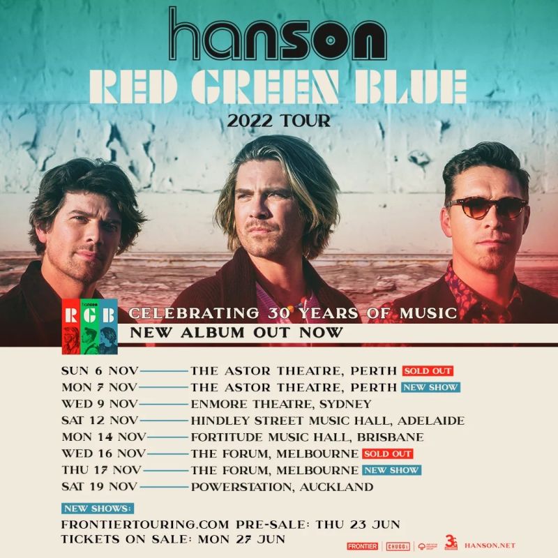 HANSON released their 11th studio album RED GREEN BLUE last month with a YouTube Album Release Live event here, with the album being a unique combination of three solo-led projects on one (Taylor’s Red, Isaac’s Green, and Zac’s Blue). The album features the singles ‘Child At Heart’, ‘Write You A Song’ and ‘Don’t Let Me Down’. Don’t miss HANSON on their RED GREEN BLUE 2022 TOUR of Australia and New Zealand this November.